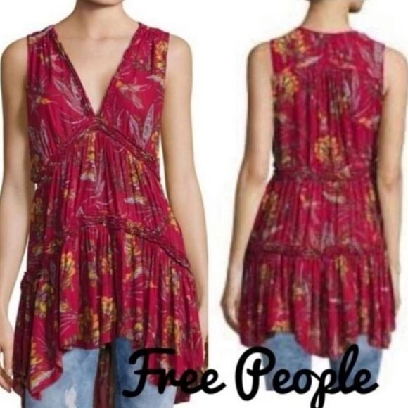 Women's Free People Red Floral Hummingbird Print Ruffle Tiered Tunic Tank Top S - Picture 12 of 12